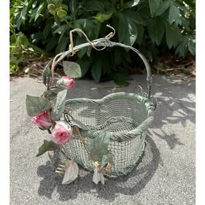 Vintage Heart Shaped Metal Wire Basket with Roses